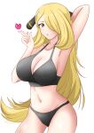  1girl :o absurdres arm_up black_bra black_panties bra breasts cleavage cowboy_shot cynthia_(pokemon) hair_ornament hair_over_one_eye heart highres large_breasts long_hair looking_at_viewer maho_(corotonton5150) navel open_mouth panties pokemon pokemon_(game) pokemon_dppt simple_background solo stomach underwear underwear_only very_long_hair white_background 
