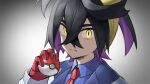  1boy black_hair blue_shirt closed_mouth collared_shirt colored_inner_hair commentary_request gloves hair_between_eyes hairband hand_up highres holding holding_poke_ball kieran_(pokemon) male_focus multicolored_hair necktie partially_fingerless_gloves poke_ball poke_ball_(basic) pokemon pokemon_(game) pokemon_sv red_gloves red_necktie shirt solo split_mouth yellow_eyes yellow_hairband yorugami_rei 