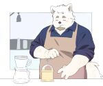  2023 anthro apron blush canid canine canis clothing domestic_dog eyes_closed hi_res humanoid_hands inunoshippo kemono male mammal overweight overweight_male shirt solo topwear 