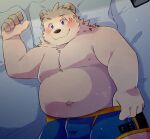  2023 anthro bear bed belly big_belly blush bulge clothing detailed_background furniture green_bell hi_res humanoid_hands kemono lying male mammal moobs pillow polar_bear solo underwear ursine 