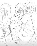  2girls blush commentary_request crying ear_blush embarrassed faceless faceless_female from_side full_body gym_uniform half-closed_eyes have_to_pee highres kneehighs knees_up legs_together looking_back medium_hair multiple_girls nose_blush nuruko_(nuru55555) on_ground open_mouth original outdoors peeing peeing_self ponytail puddle raised_eyebrows shirt shoes short_sleeves shorts sidelocks sitting socks solo_focus speech_bubble steam sweat talking tears translation_request trembling 