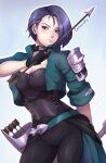  1girl absurdres armor arrow_(projectile) artist_name asymmetrical_hair belt black_choker black_gloves bodice bow_(weapon) breasts choker closed_mouth contrapposto cropped_jacket evomanaphy fire_emblem fire_emblem:_three_houses fire_emblem_heroes garreg_mach_monastery_uniform gloves green_belt green_jacket hand_up highres holding holding_arrow holding_bow_(weapon) holding_weapon jacket looking_at_viewer medium_breasts purple_eyes purple_hair quiver shamir_nevrand short_hair short_sleeves shoulder_armor simple_background solo weapon 