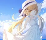  1girl arm_up bare_arms bare_shoulders blue_bow blue_ribbon blue_sky bow breasts cloud cloudy_sky collarbone commentary_request day dress hair_ornament hair_ribbon hairclip hand_on_headwear hat hat_bow horizon long_hair looking_at_viewer low_twintails ocean one_eye_closed original outdoors pointy_ears ribbon sky sleeveless sleeveless_dress small_breasts solo squirrel_girl_(yuuhagi_(amaretto-no-natsu)) twintails very_long_hair water white_dress white_headwear yellow_eyes yuuhagi_(amaretto-no-natsu) 