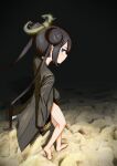  1girl absurdres bare_legs barefoot black_coat black_dress black_gloves black_hair blue_archive braid coat dragon_print dress gloves halo highres kisaki_(blue_archive) long_hair looking_at_viewer night no_shoes outdoors sand sideways_glance solo twin_braids twintails very_long_hair walking yinmizuhare 