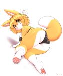  ?! absurd_res anthro big_breasts blonde_hair bra breasts butt canid canine clothed clothing dipstick_tail feet female fluffy fluffy_tail fox fur hair hi_res jupiter_europe lingerie lying mammal markings nipples on_side open_mouth panties pawpads rear_view simple_background skimpy solo tail tail_markings underwear white_background yellow_body yellow_fur 