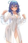  1girl absurdres ahoge blue_eyes blue_hair blush braid braided_ponytail breasts chubb closed_mouth collarbone covered_nipples cowboy_shot crossed_bangs hair_flaps hands_up highres light_frown long_hair long_sleeves looking_at_viewer mushoku_tensei naked_shirt paid_reward_available partially_unbuttoned roxy_migurdia see-through see-through_silhouette shirt simple_background solo white_background white_shirt 