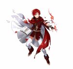  1boy azelle_(fire_emblem) book boots brown_footwear cape coat fire fire_emblem fire_emblem:_genealogy_of_the_holy_war fire_emblem_heroes holding holding_book official_art one_eye_closed open_mouth pants red_cape red_coat red_eyes red_hair tobi_(kotetsu) torn_cape torn_clothes white_pants 