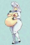  absurd_res american_flag_bikini awful_lad belly belly_blush big_belly blush body_blush bottomless bovid caprine clothed clothing collar female hi_res mammal nipple_slip pregnant sha_(twf) sheep solo the_walten_files thick_thighs 