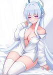  1girl absurdres blue_archive blush breasts buttons collarbone collared_shirt feet_out_of_frame grey_hair grin halo highres large_breasts long_hair long_sleeves looking_at_viewer mechanical_halo nezumi_(09261377) noa_(blue_archive) partially_unbuttoned purple_eyes revision shirt smile solo thighhighs white_shirt white_thighhighs 