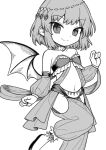  1girl alternate_costume bat_wings closed_mouth greyscale highres looking_at_viewer monochrome navel oninamako remilia_scarlet short_hair slit_pupils smile solo touhou wings 