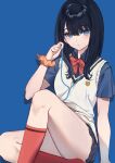  1girl absurdres arm_support black_hair blue_background blue_eyes blue_shirt blue_skirt bow bowtie closed_mouth collared_shirt commentary_request earphones expressionless gridman_universe gridman_universe_(film) highres knee_up kneehighs looking_at_viewer nagi_(pickles_pipipi) orange_scrunchie red_bow red_bowtie red_socks school_uniform scrunchie shirt short_sleeves simple_background sitting skirt socks solo ssss.gridman sweater_vest takarada_rikka thighs white_sweater_vest wrist_scrunchie 