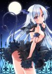  1girl aoshima_kanae ass black_dress blue_wings blush breasts closed_mouth demon_girl demon_tail demon_wings dress fang fang_out frilled_dress frills full_moon grey_hair head_wings highres leaning_forward long_hair looking_at_viewer looking_to_the_side medium_breasts moon night night_sky no_panties original outdoors parted_bangs red_eyes sideboob single_hair_intake sky smile solo star_(sky) starry_sky tail very_long_hair wings wrist_cuffs 