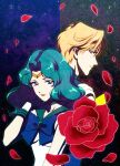  2girls absurdres aqua_hair back-to-back bishoujo_senshi_sailor_moon blonde_hair blue_bow blue_choker blue_eyes blue_sailor_collar bow choker falling_petals flower gloves green_choker green_sailor_collar hair_between_eyes hand_in_own_hair highres kaiou_michiru long_hair multiple_girls parted_bangs petals red_flower red_rose rose sailor_collar sailor_neptune sailor_senshi_uniform sailor_uranus shirt short_hair smile ten&#039;ou_haruka tiara tomaty. tomboy upper_body wavy_hair white_gloves white_shirt yellow_bow 