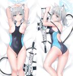  1girl absurdres animal_ear_fluff animal_ears armpits arms_up ass ass_visible_through_thighs back bed_sheet between_breasts black_one-piece_swimsuit blue_archive blush breasts breasts_out competition_swimsuit cross_hair_ornament dakimakura_(medium) extra_ears feet_out_of_frame from_above grey_hair gun hair_ornament halo highres long_hair looking_at_viewer lying masabodo medium_breasts multiple_views nipples on_back on_stomach one-piece_swimsuit one-piece_tan pussy shiroko_(blue_archive) short_ponytail strap_slip swimsuit tan tanlines thigh_gap uncensored weapon wolf_ears 