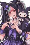  1girl :d alternate_costume alternate_hairstyle artist_name black_choker black_hair black_shirt black_skirt bow breasts choker collarbone criis-chan danganronpa_(series) danganronpa_2:_goodbye_despair ear_bow fangs green_hair grey_hair hair_horns heart heart_hands kuromi long_hair medium_breasts mioda_ibuki multicolored_clothes multicolored_skirt nail_polish neckerchief o-ring onegai_my_melody piercing pink_bow pink_eyes pink_hair pink_skirt puffy_short_sleeves puffy_sleeves purple_nails sailor_collar shirt short_sleeves skirt smile teeth tongue tongue_piercing twitter_username upper_body white_hair white_sailor_collar white_skirt wrist_cuffs 