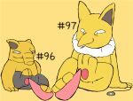 2_toes 3_toes ambiguous_gender anthro digital_media_(artwork) drowzee erection feet foot_fetish foot_play footjob generation_1_pokemon genitals hashtag hi_res hypno_(pokemon) id_number male nintendo number pawpads paws penis pokemon pokemon_(species) secretsableye sex simple_background smile text toes 