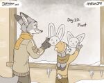  2023 aar0njay anthro canid canine clothed clothing cold digital_media_(artwork) disney ears_down fox fully_clothed fur glass inktober inktober_2023 judy_hopps lagomorph leporid mammal nick_wilde pivoted_ears rabbit red_fox scarf signature smile window zootopia 