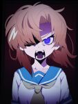  1girl a_(poipiku_325815) angry black_background blue_eyes blue_sailor_collar commentary_request furrowed_brow hair_over_one_eye higurashi_no_naku_koro_ni looking_at_viewer neckerchief open_mouth orange_hair ryuuguu_rena sailor_collar shirt short_hair slit_pupils solo teeth upper_body white_shirt yellow_neckerchief 