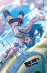  1girl bird blue_eyes blue_hair blue_sky cloud copyright_request crop_top english_commentary flag long_hair open_mouth outdoors shorts sky smile solo thighhighs xong 