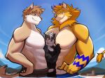  anthro beach blush bodily_fluids canid canine canis clothing coyote dexterlion felid group hi_res lion male male/male mammal manwiched one_eye_closed pantherine procyonid raccoon rygel_(rygel_spkb) seaside shirt size_difference smaller_male smug sweat tank_top tongue tongue_out topwear toxey_clawwolf trio 