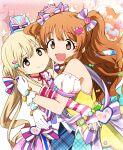 2girls :3 animal_ears balloon bare_shoulders blonde_hair blue_headwear blue_ribbon blush bow brown_eyes brown_hair candy_hair_ornament choker cowboy_shot detached_sleeves dot_nose dress dress_bow food-themed_hair_ornament futaba_anzu gloves green_ribbon hair_ornament hand_up hat hat_ribbon heart heart_balloon heart_hair_ornament hug idolmaster idolmaster_cinderella_girls idolmaster_cinderella_girls_starlight_stage kidachi long_hair long_sleeves looking_at_viewer low_twintails mini_hat moroboshi_kirari multicolored_background multicolored_clothes multicolored_dress multicolored_ribbon multiple_girls open_mouth orange_nails pink_headwear plaid plaid_dress polka_dot_headwear rabbit_ears red_ribbon ribbon ribbon_choker short_sleeves sleeveless sleeveless_dress sleeves_past_wrists smile sparkle standing striped striped_ribbon striped_sleeves twintails v-shaped_eyebrows very_long_hair white_gloves white_sleeves yellow_ribbon 