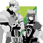  1boy 1girl absurdres achilles_(fate) animal_ear_fluff animal_ears armor atalanta_(fate) border crossed_arms eyelashes fate/grand_order fate_(series) gloves green_background hands_on_own_hips haruakira height_difference highres long_hair looking_at_another monochrome multicolored_hair muscular muscular_male puffy_short_sleeves puffy_sleeves short_hair short_sleeves shoulder_armor two-tone_hair undercut white_border 