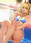  1girl bikini blonde_hair blue_bikini breasts chainsaw_man demon_girl highres horns long_hair looking_at_viewer medium_breasts ocean oni_horns open_mouth oyaman power_(chainsaw_man) red_horns sharp_teeth sky solo swimsuit symbol-shaped_pupils teeth thighs yellow_eyes yellow_sky 