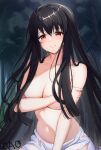  1girl animal_ears black_hair breasts choppy_bangs covering crying crying_with_eyes_open evergreen:d gao_kawa hair_censor large_breasts long_hair navel nude_cover rabbit_ears signature solo tears topless torn_clothes very_long_hair 