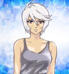  1girl ahoge bare_shoulders breasts collarbone grey_tank_top hair_between_eyes looking_at_viewer medium_breasts mizumori_keiichi parted_lips pink_eyes short_hair solo tank_top uchuu_senkan_yamato uchuu_senkan_yamato_2199 upper_body white_hair yamamoto_akira 