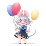  1girl animal_ears balloon bbb_(33kudo) blue_capelet blush capelet commentary_request crystal eyes_visible_through_hair flat_chest flying_sweatdrops full_body grey_hair grey_skirt grey_vest hair_between_eyes highres holding holding_balloon jewelry long_sleeves looking_at_viewer medium_bangs mouse_ears mouse_girl mouse_tail nazrin no_panties open_mouth pendant red_eyes shirt short_hair simple_background skirt smile solo standing tail touhou vest white_background white_shirt 