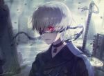  1boy 9s_(nier:automata) black_blindfold black_collar black_shirt blindfold building cloud cloudy_sky collar collared_shirt flood glowing glowing_eyes lira_mist nier:automata nier_(series) parted_lips red_eyes ruins shirt short_hair signature sky skyscraper solo sword sword_behind_back torn_blindfold upper_body water weapon white_hair 