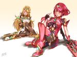  2022 2girls aegis_sword_(xenoblade) arm_guards bare_shoulders blonde_hair bob_cut breasts brown_gloves brown_pantyhose circlet dress fingerless_gloves full_body gloves highres holding holding_sword holding_weapon long_hair medium_hair multiple_girls mythra_(xenoblade) open_mouth pantyhose pantyhose_under_shorts pyra_(xenoblade) red_eyes red_footwear red_hair red_shorts samu_poteto shadow shorts sitting super_smash_bros. swept_bangs sword torn_clothes torn_dress torn_pantyhose weapon white_dress white_footwear white_gloves xenoblade_chronicles_(series) xenoblade_chronicles_2 yellow_eyes 