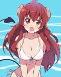  1girl :d ahoge bikini breasts chikuwa_(majihima) commentary demon_girl demon_tail fang front-tie_bikini_top front-tie_top hair_between_eyes highres horns long_hair looking_at_viewer machikado_mazoku medium_breasts open_mouth orange_eyes red_hair side-tie_bikini_bottom skin_fang smile solo swimsuit tail upper_body white_bikini yoshida_yuuko_(machikado_mazoku) 