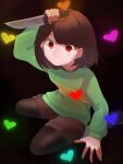  1other 345_myk androgynous black_background black_footwear black_pantyhose bob_cut brown_shorts chara_(undertale) closed_eyes closed_mouth commentary crazy_smile film_grain green_sweater hand_up heart heart_necklace highres holding holding_knife holding_weapon jewelry knife looking_at_viewer looking_up necklace on_ground pantyhose red_eyes reverse_grip short_hair short_shorts shorts sitting smile solo spread_fingers sweater two-tone_sweater undertale upturned_eyes wariza weapon yellow_sweater 