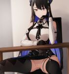  1girl ameiarts black_hair blue_hair breasts colored_inner_hair highres hololive hololive_english horns large_breasts long_hair looking_at_viewer mole mole_under_eye multicolored_hair nerissa_ravencroft no_panties pussy red_eyes smile solo spread_legs uncensored virtual_youtuber 