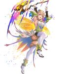  1girl attack axe boots breasts butterfly_wings detached_sleeves dress fairy fairy_wings fire_emblem fire_emblem_heroes flower hair_flower hair_ornament highres holding holding_axe knee_up medium_breasts non-web_source official_alternate_costume official_art open_mouth peony_(cherished_dream)_(fire_emblem) peony_(fire_emblem) plant_hair sideboob skindentation solo teeth thigh_boots thighhighs thighs upper_teeth_only v-shaped_eyebrows white_thighhighs wings yellow_dress 