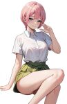  1girl blue_eyes blush breasts closed_mouth collared_shirt commentary go-toubun_no_hanayome green_skirt gyunzai highres looking_at_viewer medium_breasts nakano_ichika pink_hair school_uniform shirt short_hair short_sleeves simple_background sitting skirt smile solo white_background white_shirt 