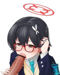  1boy 1girl absurdres ayane_(blue_archive) bar_censor black_hair blue_archive blue_necktie blush brown_eyes censored collared_shirt english_commentary erection fellatio glasses hair_ornament halo hand_in_own_hair hand_up hetero highres jacket kenatosne long_hair long_sleeves necktie open_mouth oral penis penis_grab pointless_censoring pointy_ears red-framed_eyewear saliva school_uniform shirt short_hair simple_background solo_focus sweat upper_body white_background white_shirt 
