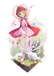  1girl ;d arms_up bare_arms blonde_hair blue_eyes blue_ribbon blush boots chinese_commentary commentary_request dress eyelashes fengli_(709622571) flower grass highres leg_up looking_at_viewer medium_hair neck_ribbon one_eye_closed open_mouth pink_dress pink_footwear pokemon pokemon_(anime) pokemon_(creature) pokemon_xy_(anime) ribbon roller_skates serena_(pokemon) skates smile sylveon thighhighs white_flower white_thighhighs 