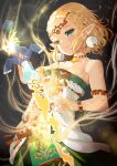  1girl bare_shoulders blonde_hair braid breasts cleavage closed_mouth collarbone commentary_request crown_braid dress earrings glowing headpiece highres holding holding_sword holding_weapon jewelry looking_at_viewer medium_breasts pointy_ears princess_zelda short_hair smile solo strapless strapless_dress sword the_legend_of_zelda the_legend_of_zelda:_tears_of_the_kingdom triforce weapon white_dress xephonia 