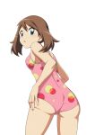  ass blue_eyes breasts brown_hair from_behind highres may_(pokemon) medium_hair one-piece_swimsuit open_mouth pink_one-piece_swimsuit pokemon small_breasts suitenan swimsuit 