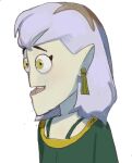  1girl amity_blight brown_hair earrings green_shirt jewelry medium_hair mossacannibalis multicolored_hair open_mouth pointy_ears purple_hair shirt simple_background solo the_owl_house upper_body white_background yellow_eyes 