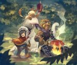  2boys alternate_hair_color bandana belt black_hair black_shirt blonde_hair campfire cooking felyne food goggles goggles_on_head hair_over_one_eye highres holding holding_food hood hood_up khezu male_focus meat moekemari monster_hunter_(series) monster_hunter_stories multiple_boys naville_(monster_hunter_stories) open_mouth outdoors purple_bandana reverto_(monster_hunter_stories) ryuuto_(monster_hunter_stories) saliva shirt smoke teeth upper_teeth_only whiskers 