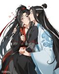  2boys ;i ^_^ artist_name bishounen black_eyes black_hair black_robe blush chinese_clothes closed_eyes closed_mouth commentary_request email_address food hair_bun hair_ornament hair_ribbon hand_up hanfu headband heart high_ponytail highres holding holding_food holding_hands lan_wangji long_hair long_sleeves looking_at_another male_focus mo_dao_zu_shi multiple_boys muse_(rainforest) parted_bangs ponytail profile red_ribbon ribbon robe sash sidelocks sideways_glance simple_background single_hair_bun tanghulu twitter_username very_long_hair watermark wei_wuxian white_background white_headband white_ribbon white_robe wide_sleeves yaoi 