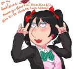  1girl \m/ black_hair black_jacket blue_eyeshadow blush bow bowtie cardigan cardigan_under_jacket closed_mouth collared_shirt cosplay double_\m/ earrings english_text eyeshadow family_guy green_bow green_bowtie hands_up jacket jewelry lewdishsnail lipstick lois_griffin love_live! love_live!_school_idol_project makeup medium_hair nico_nico_nii open_clothes open_jacket otonokizaka_school_uniform pink_cardigan red_lips school_uniform shirt simple_background solo twintails upper_body white_background white_shirt yazawa_nico yazawa_nico_(cosplay) 