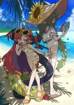  2girls :d absurdres ahoge anklet ass beach bikini blue_eyes blush book braid casual_one-piece_swimsuit closed_mouth cloud colored_inner_hair dappled_sunlight day dragon_girl dragon_horns dragon_tail dragon_wings drake_(zizi_niisan) earrings eyewear_on_head feet finger_to_mouth fingernails flat_chest flower full_body green_bikini green_hair groin hair_ornament hair_over_one_eye hat highres holding holding_book horns innertube jewelry leaning_forward long_hair looking_at_viewer low-tied_long_hair multicolored_hair multiple_girls navel notice_lines ocean one-piece_swimsuit open_mouth orange_footwear original ouroboros-chan_(zizi_niisan) outdoors palm_tree pointy_ears purple_hair red_eyes red_hair round_eyewear sandals sharp_fingernails sharp_teeth single_braid sky smile standing star_(symbol) star_hair_ornament starfish sun_hat sunflower sunglasses sunlight swimsuit tail teeth toes translation_request tree tree_shade very_long_hair water white_footwear white_one-piece_swimsuit wings zizi_niisan 
