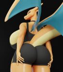  3d_(artwork) anthro big_breasts big_butt blue_eyes breasts butt charizard clothed clothing collar digital_media_(artwork) dragon fallen_angel_(artist) female generation_1_pokemon hand_on_butt hi_res huge_breasts looking_at_viewer nintendo pokemon pokemon_(species) simple_background solo tail wings yuki_(evov1) yukizard_(evov1) 