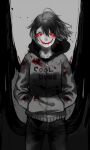  1boy androgynous blood blood_on_face character_request check_character closed_mouth collarbone denim frisk_(undertale) greyscale highres hood hoodie jeans looking_at_viewer male_focus monochrome pants short_hair shousan_(hno3syo) solo spot_color undertale 