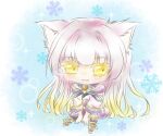  1girl animal_ears arm_support bare_shoulders bubble_background cat_ears cat_tail chibi closed_mouth colored_eyelashes gradient_hair hair_intakes japanese_clothes kiku_ichimonji_norimune light_purple_hair long_hair moge_panda multicolored_hair sitting snowflake_background solo sparkle_background tail tenka_hyakken v_arms wide_sleeves yellow_eyes 