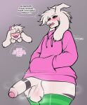  2023 absurd_res anthro asriel_dreemurr_(god_form) balls big_penis blush clothed clothing deltarune dialogue duo english_text genitals girly hi_res humanoid_genitalia humanoid_penis legwear male oro97 penis ralsei solo_focus text undertale undertale_(series) 